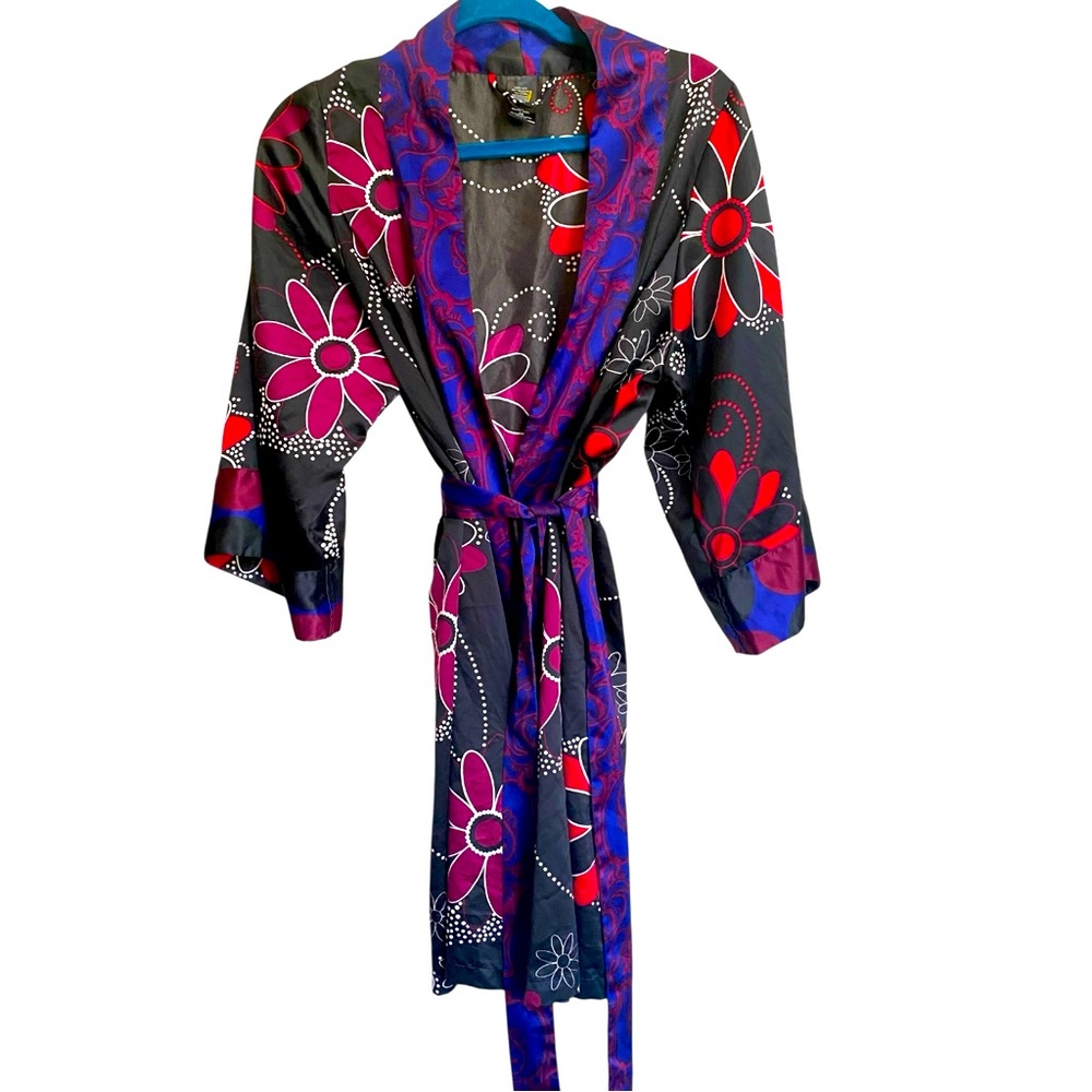 H&M Black Vibrant Floral Satin Robe Attached  Belt Midi Large Sleeve Kimono Styl